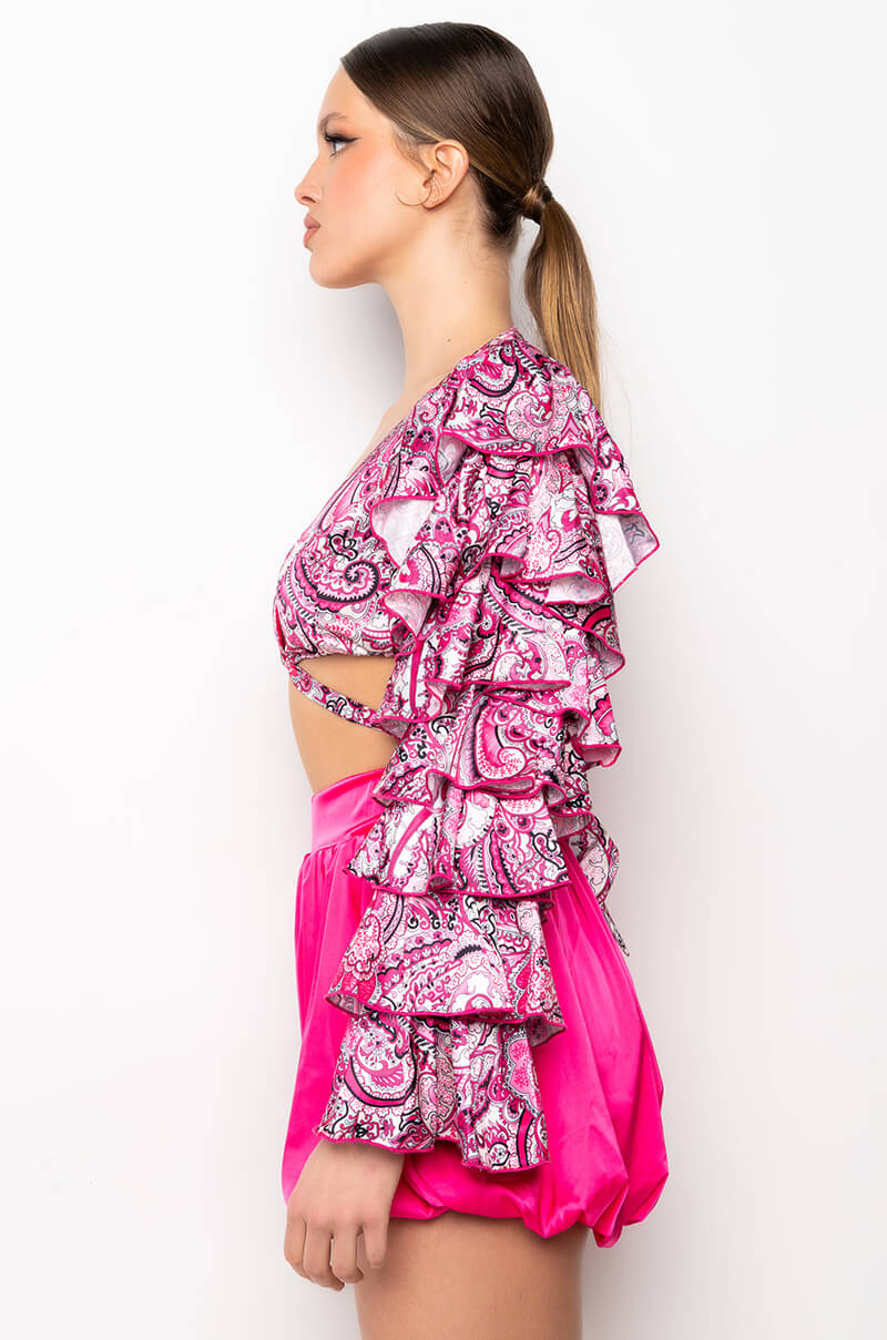 GINA TIE FRONT RUFFLE SLEEVE BLOUSE