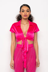 FEELING IT TIE FRONT SHORT SLEEVE SATIN BLOUSE