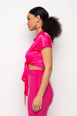 FEELING IT TIE FRONT SHORT SLEEVE SATIN BLOUSE