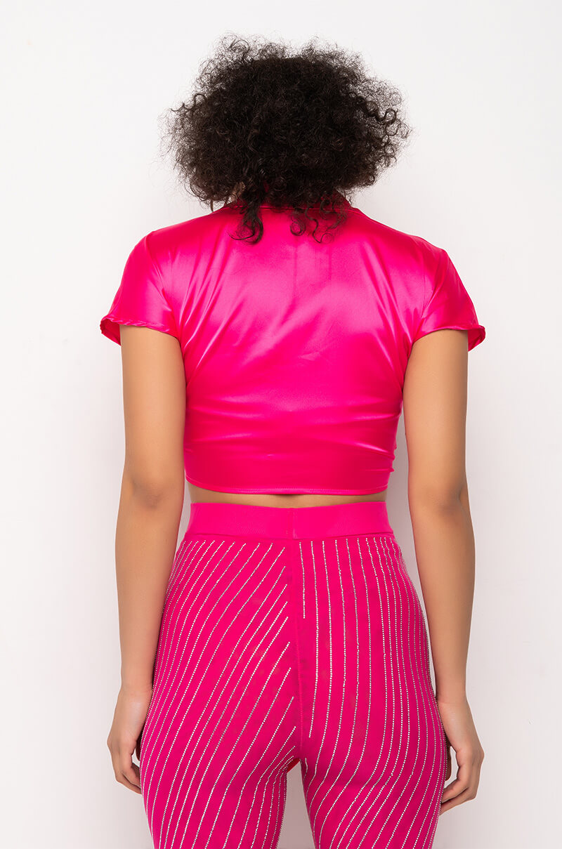 FEELING IT TIE FRONT SHORT SLEEVE SATIN BLOUSE