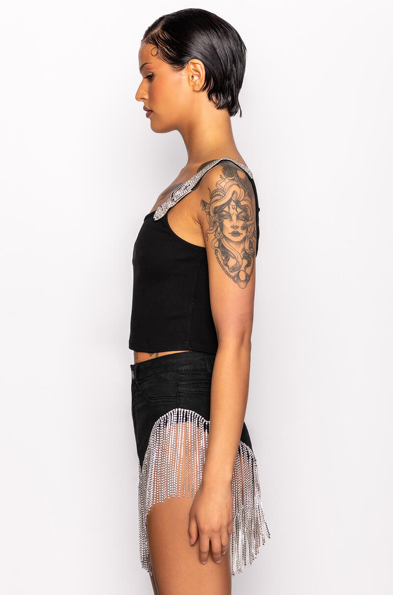 FINER THINGS RHINESTONE STRAP RIBBED TANK