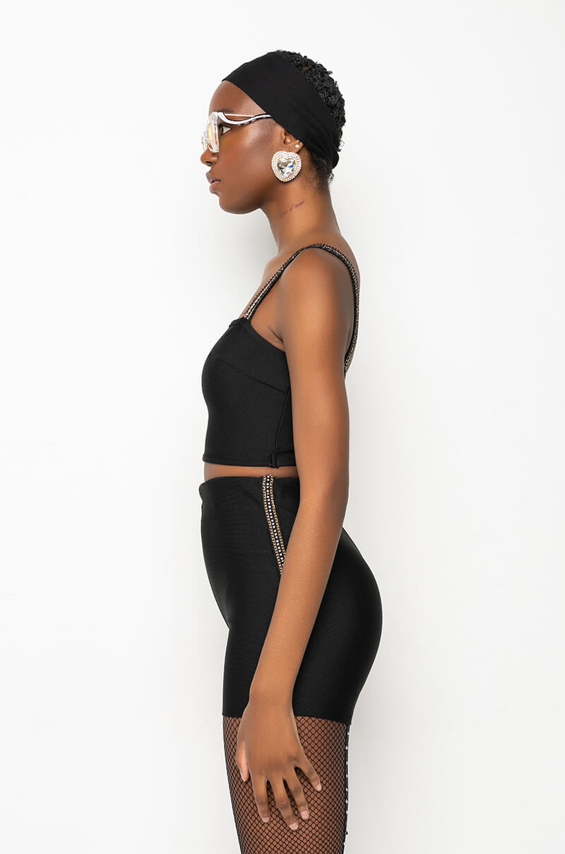 FIRST PLACE RHINESTONE TRIM BANDAGE CROP TOP