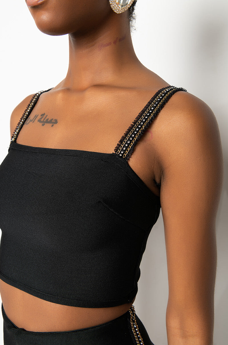 FIRST PLACE RHINESTONE TRIM BANDAGE CROP TOP