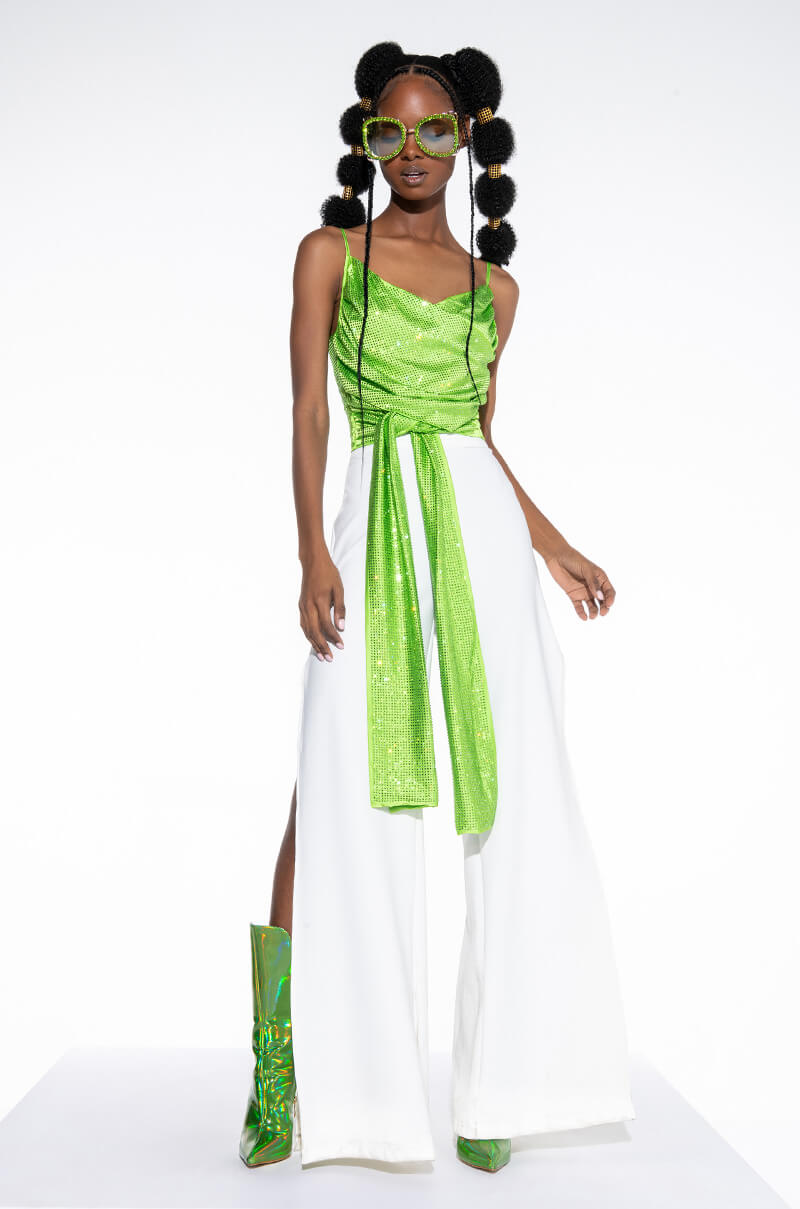 FIVE O'CLOCK SOMEWHERE SLEEVELESS RHINESTONE SATIN BLOUSE