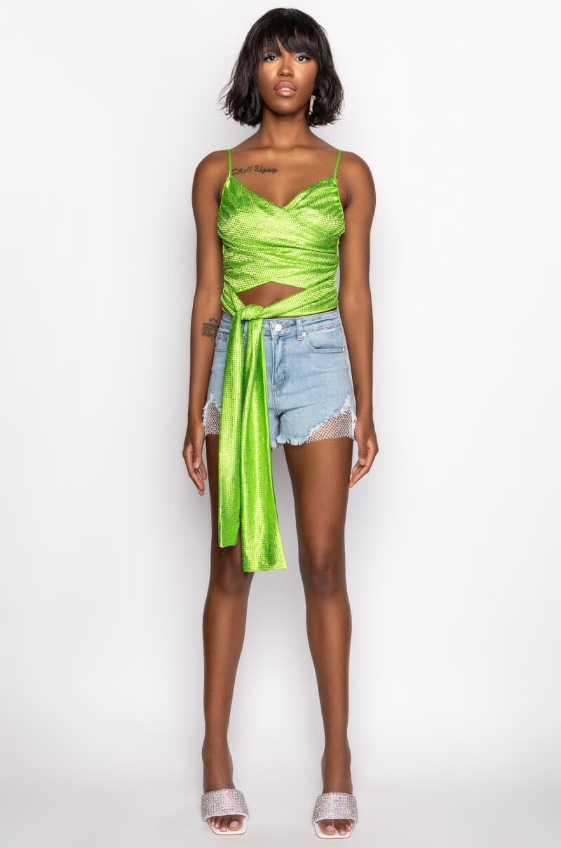 FIVE O'CLOCK SOMEWHERE SLEEVELESS RHINESTONE SATIN BLOUSE