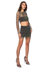 FLASHING LIGHTS RHINESTONE MESH MINI SKIRT IN BLACK