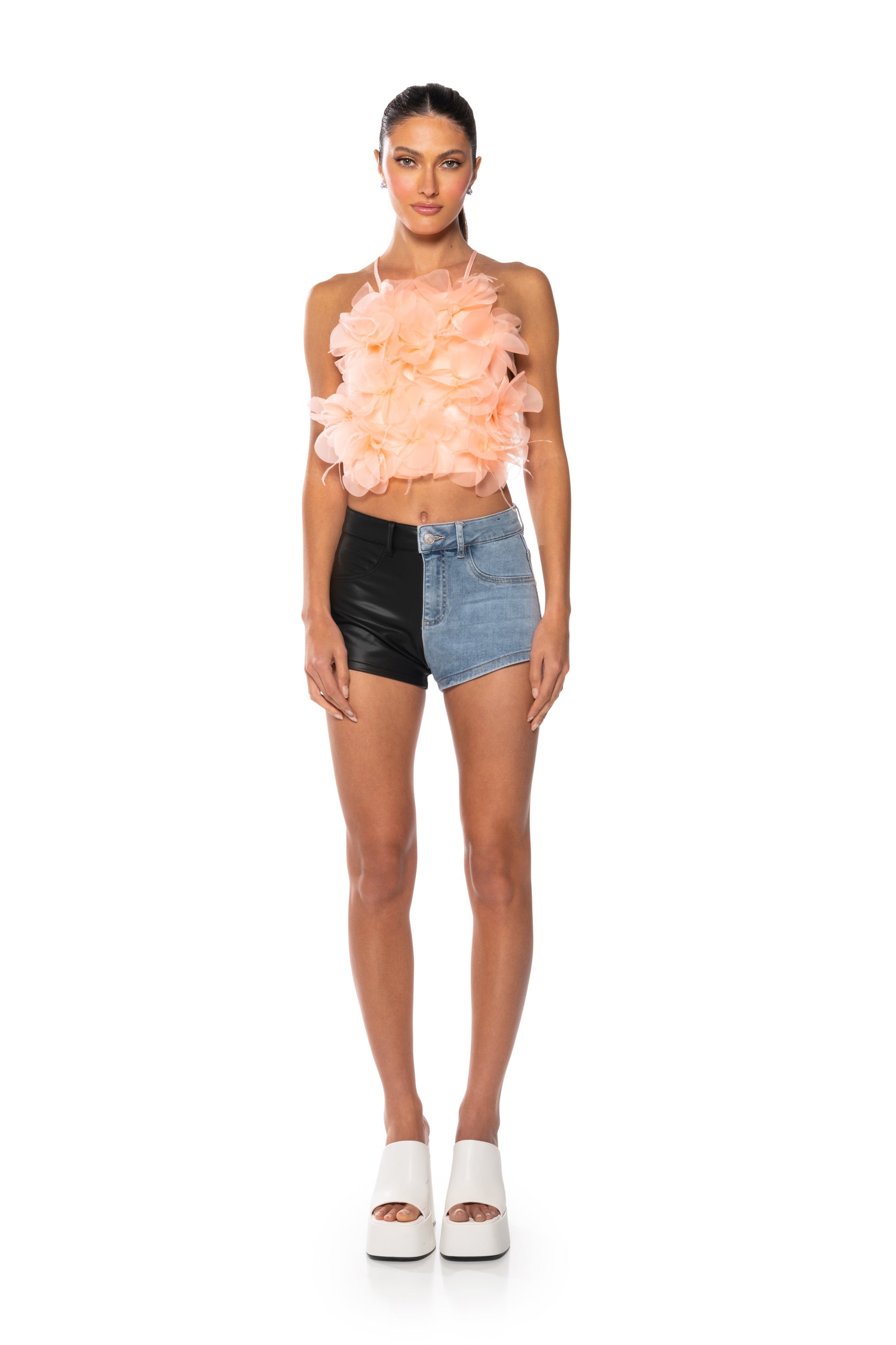 FLEX FIT EXTREME STRETCH FAUX LEATHER AND DENIM SHORTS