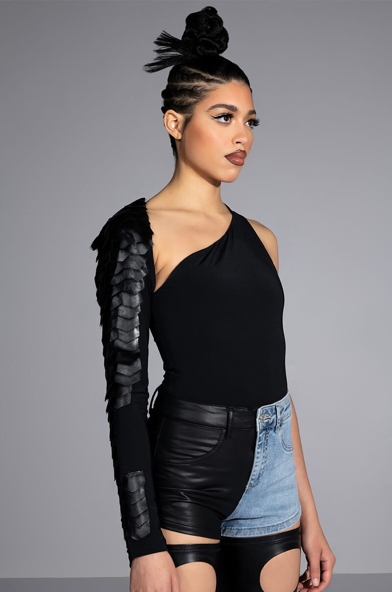 FLEX FIT EXTREME STRETCH FAUX LEATHER AND DENIM SHORTS