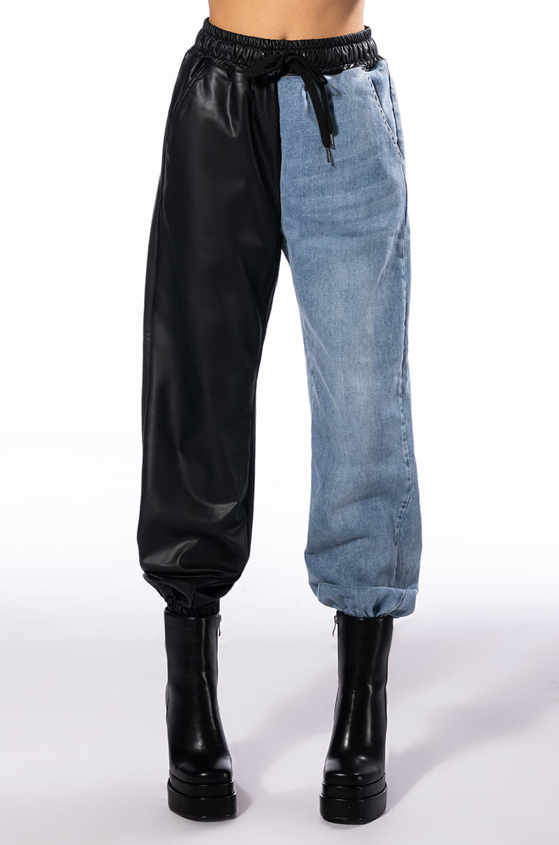 FLEX FIT EXTREME STRETCH HALF AND HALF FAUX LEATHER JOGGER
