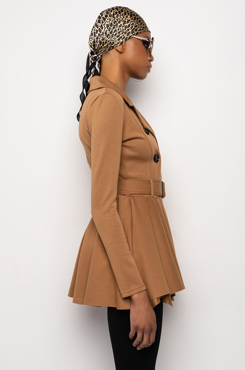 STRETCHY PEPLUM TRENCH JACKET IN SCUBA