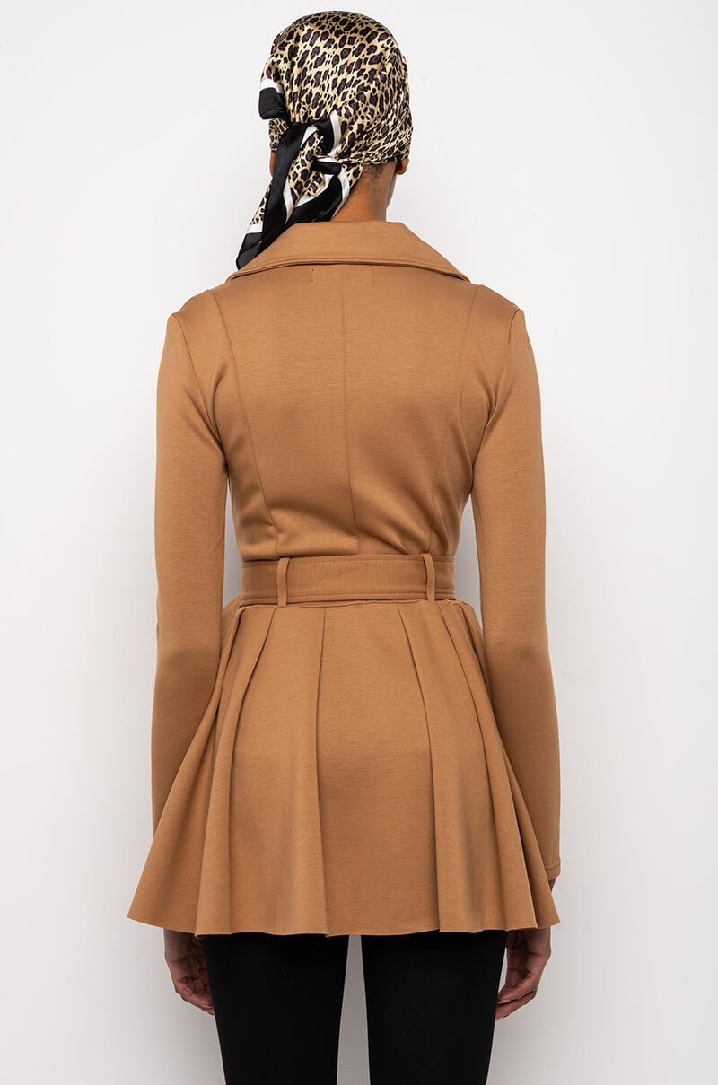 STRETCHY PEPLUM TRENCH JACKET IN SCUBA