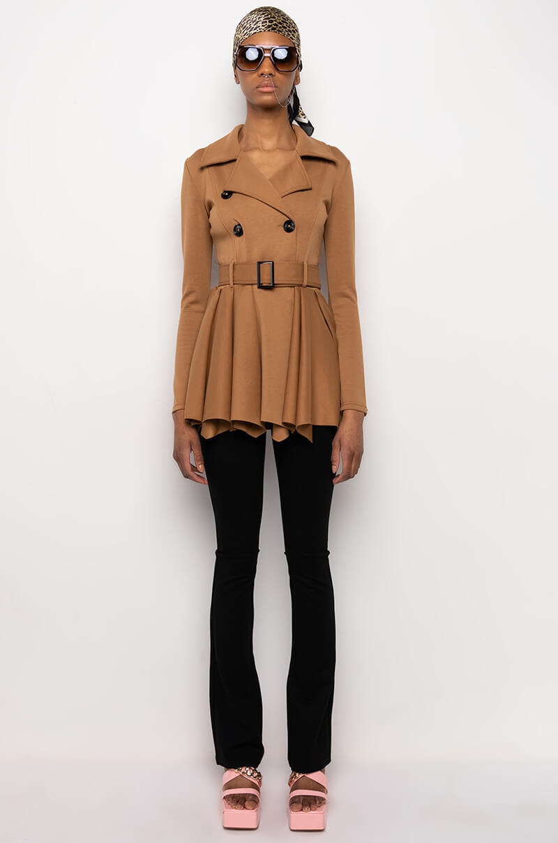 STRETCHY PEPLUM TRENCH JACKET IN SCUBA