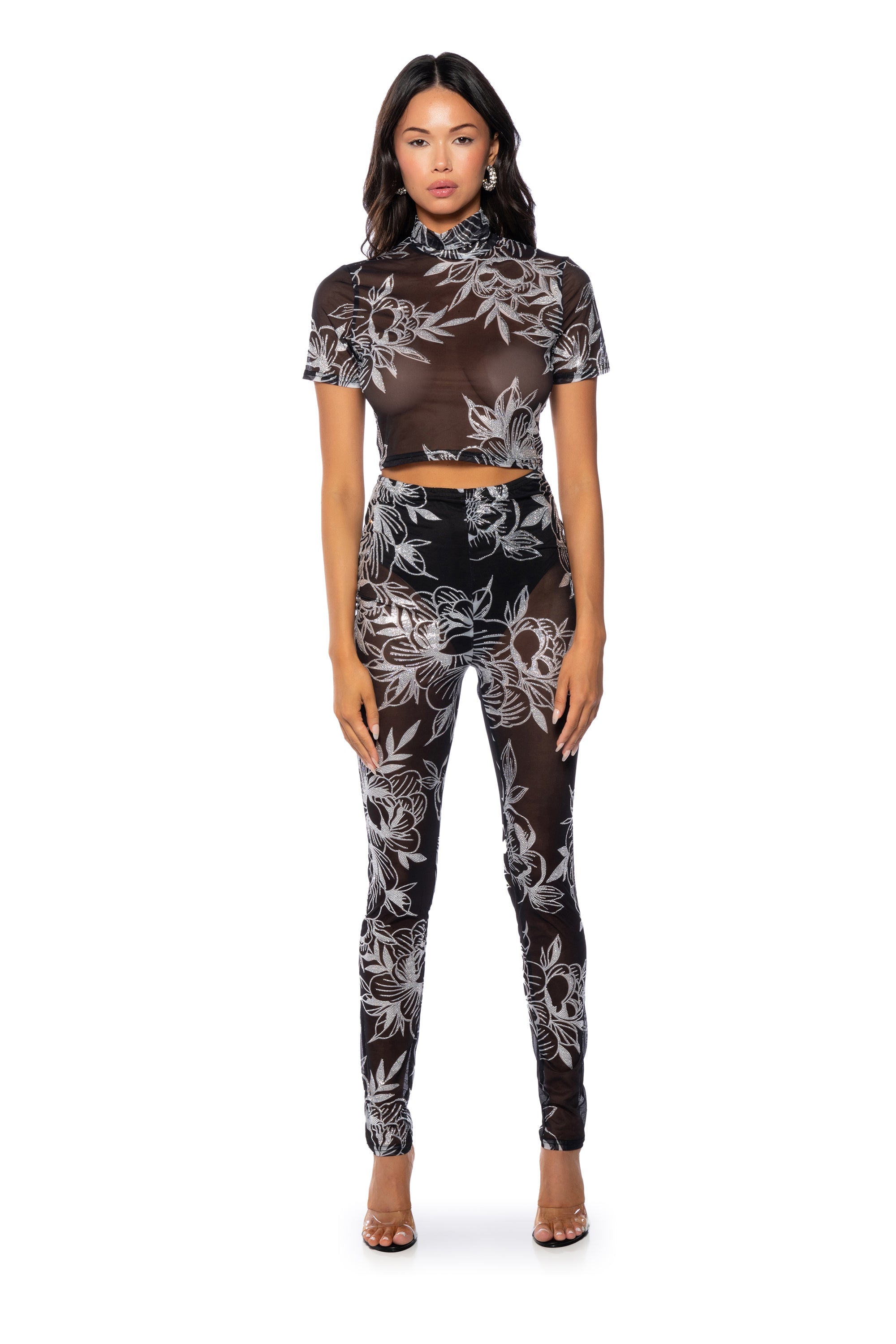 FLORAL DELIGHT RHINESTONE MESH LEGGING