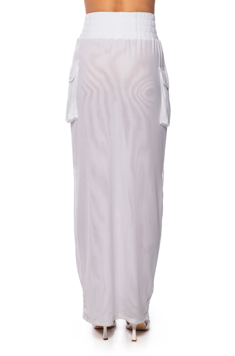 FOLLOW ME ADJUSTABLE DOUBLE MESH CARGO SKIRT IN WHITE