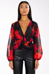 FOR THE THRILL OF IT LONG SLEEVE VNECK SURPLICE BLOUSE