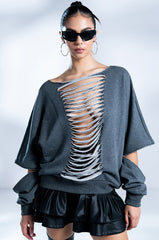SPOTLIGHT SHREDDED ZIP SLEEVE SWEATSHIRT