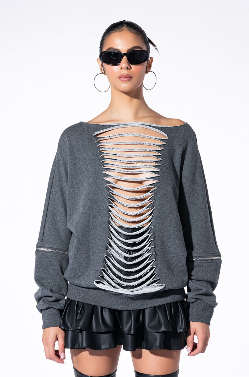 SPOTLIGHT SHREDDED ZIP SLEEVE SWEATSHIRT