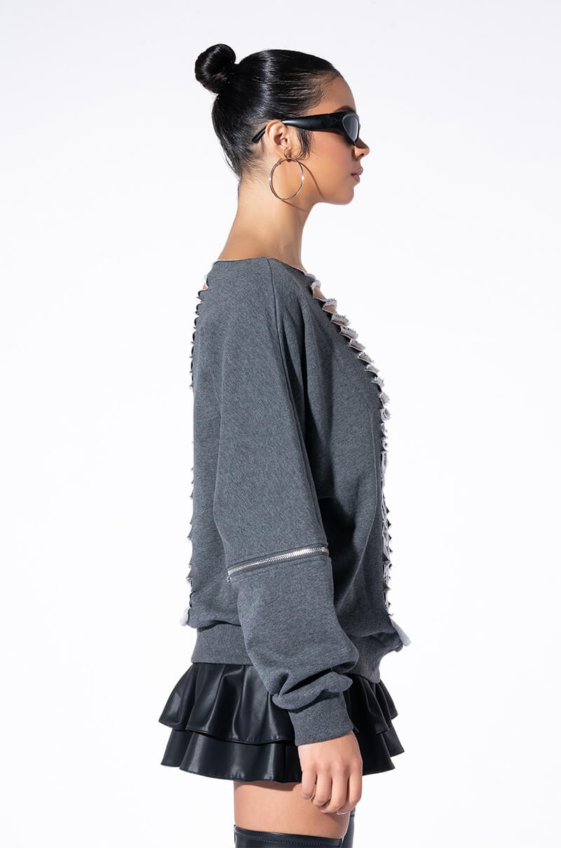 SPOTLIGHT SHREDDED ZIP SLEEVE SWEATSHIRT