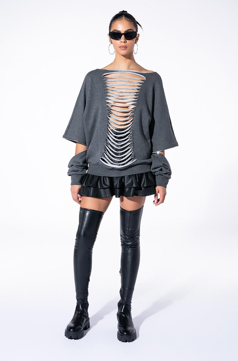SPOTLIGHT SHREDDED ZIP SLEEVE SWEATSHIRT