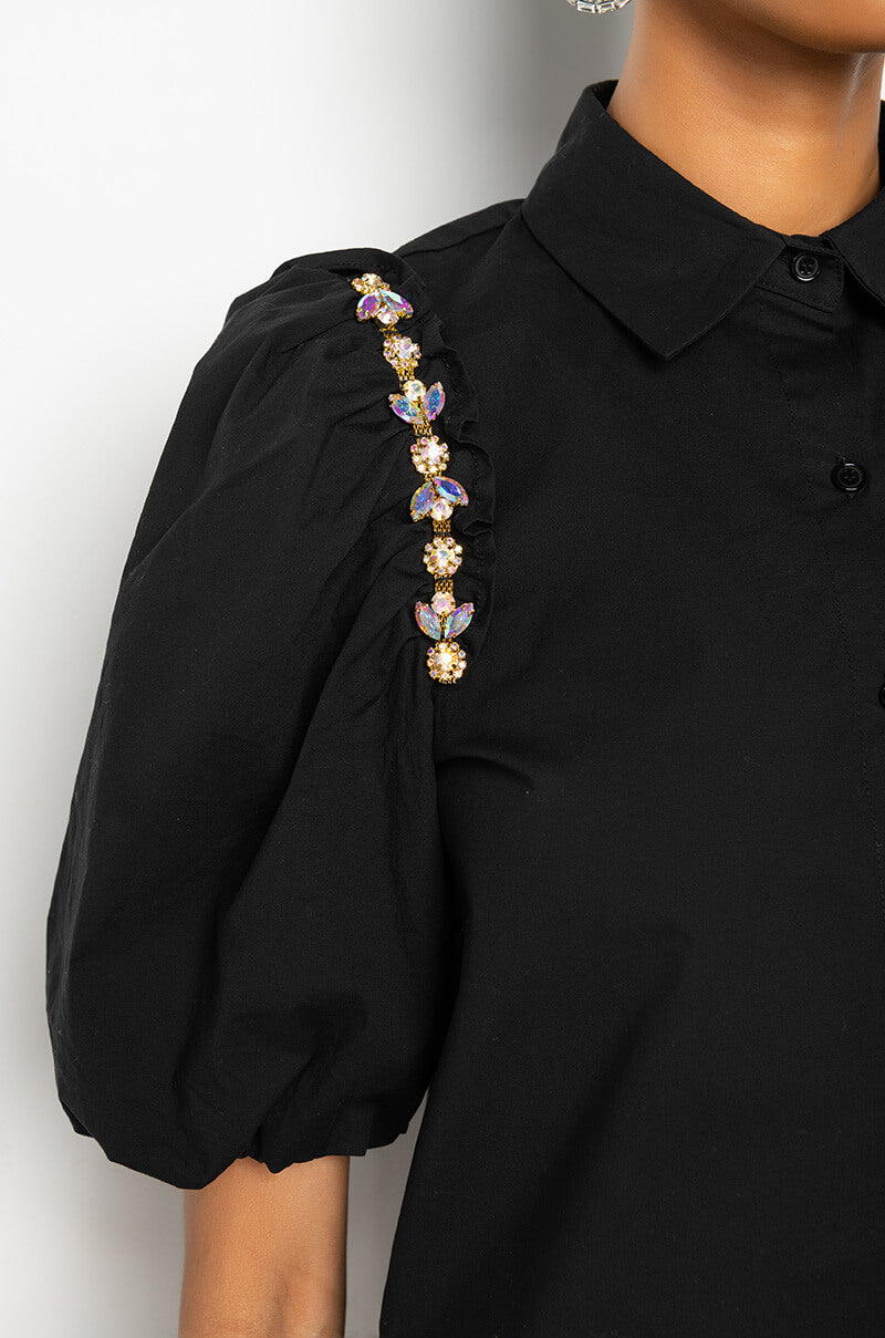NARCISSA EMBELLISHED SHORT SLEEVE POPLIN BLOUSE