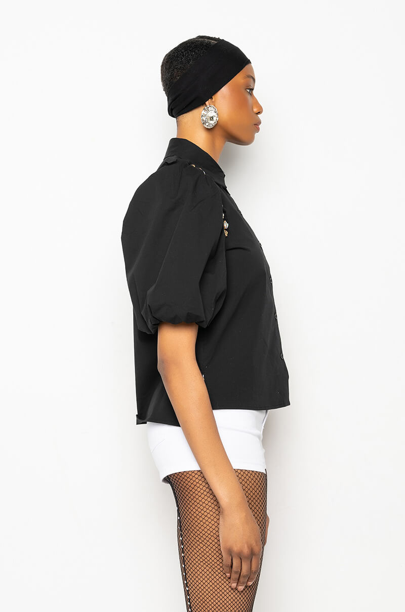NARCISSA EMBELLISHED SHORT SLEEVE POPLIN BLOUSE