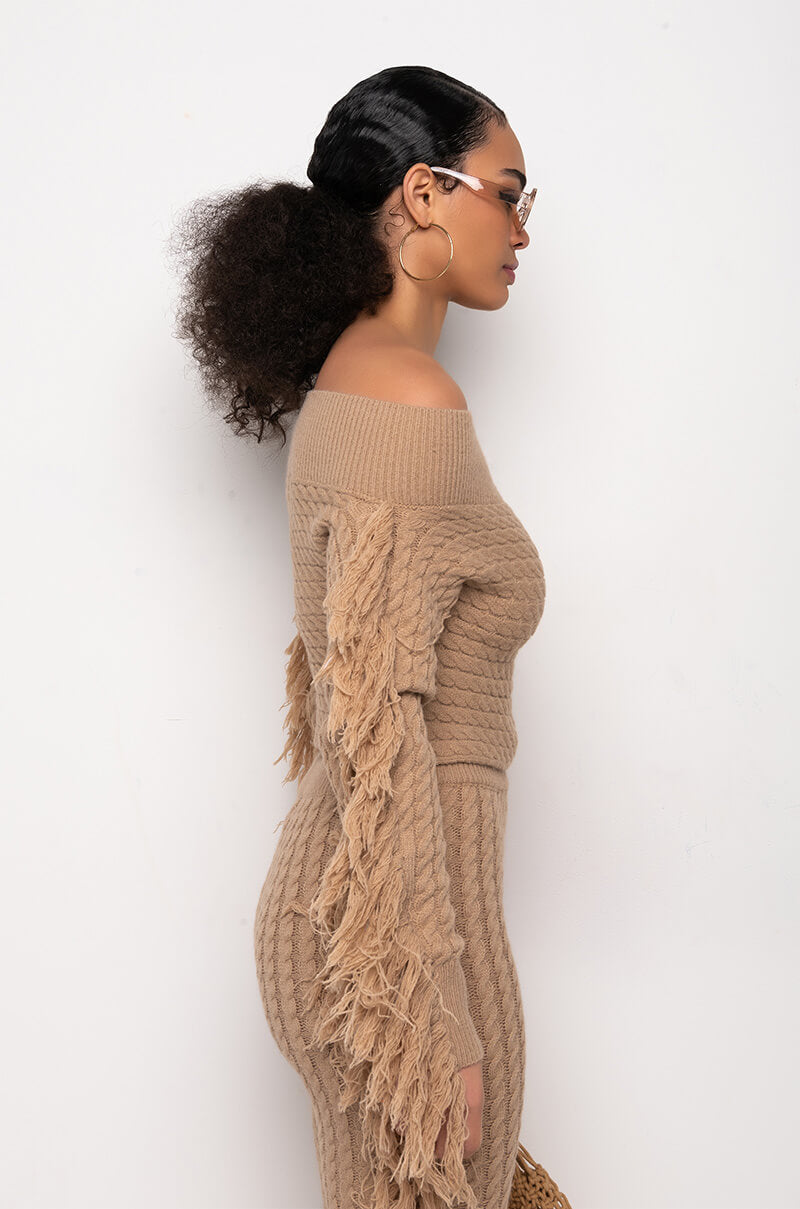 FREAKY FRIDAY LONG SLEEVE FRINGE OFF THE SHOULDER CROP TOP