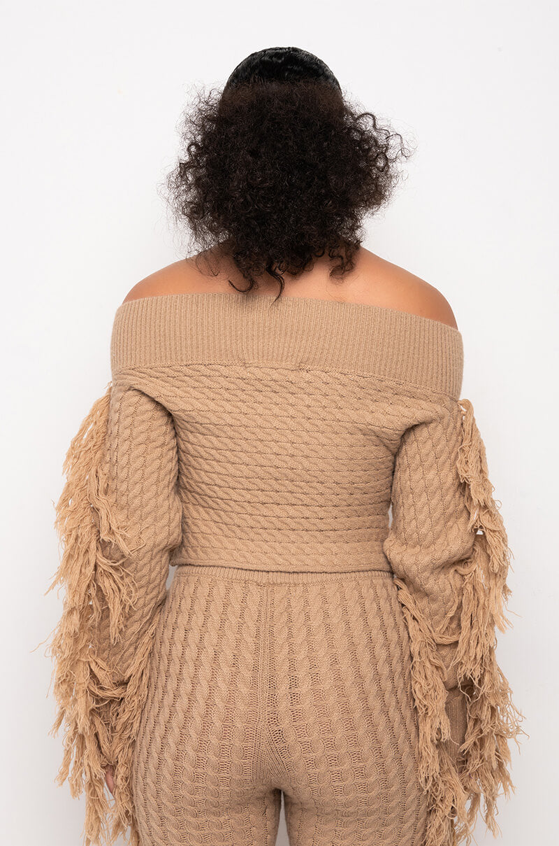 FREAKY FRIDAY LONG SLEEVE FRINGE OFF THE SHOULDER CROP TOP