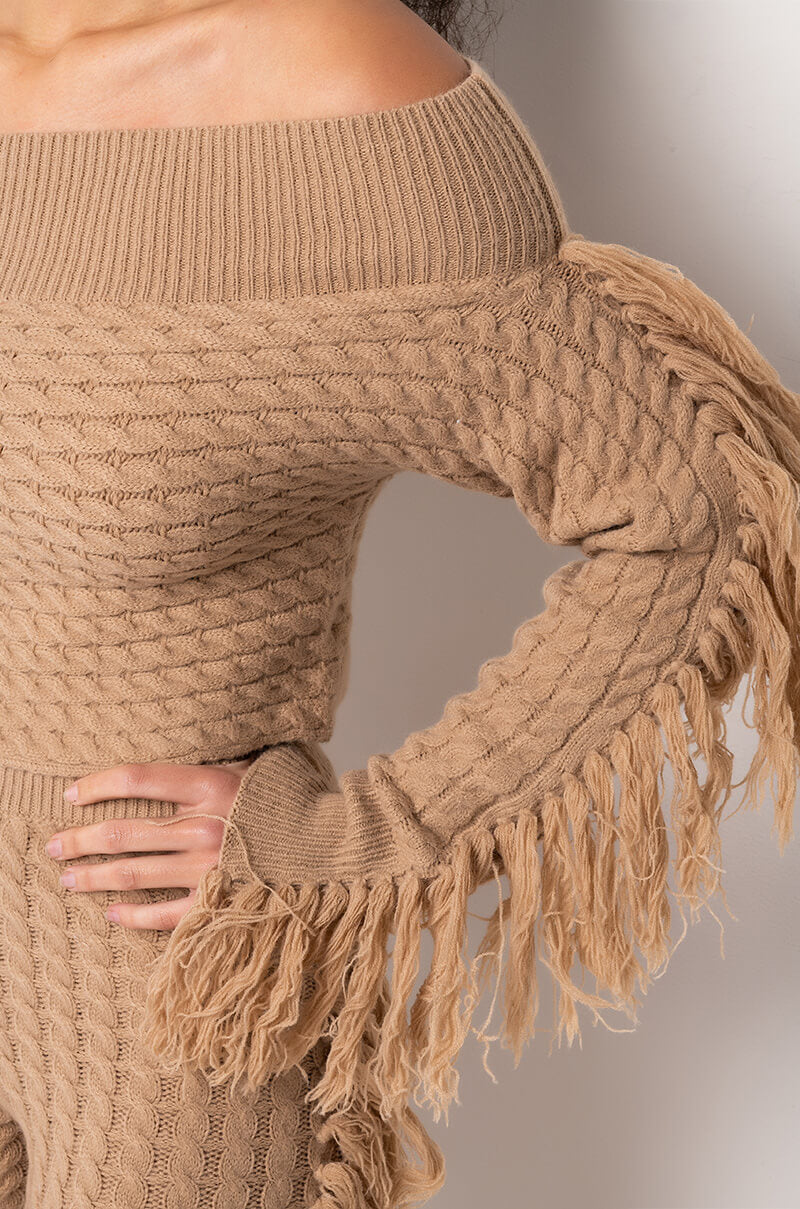 FREAKY FRIDAY LONG SLEEVE FRINGE OFF THE SHOULDER CROP TOP