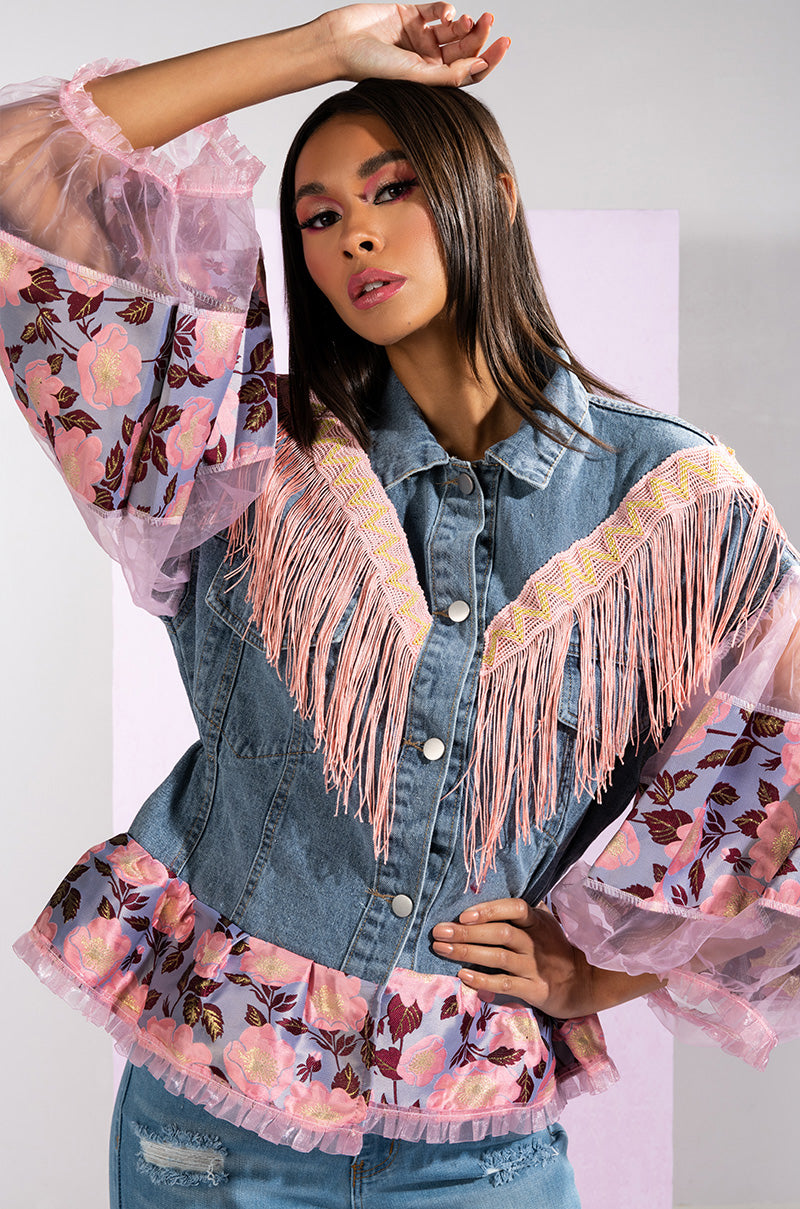 FRINGE EMBELLISHED DENIM JACKET