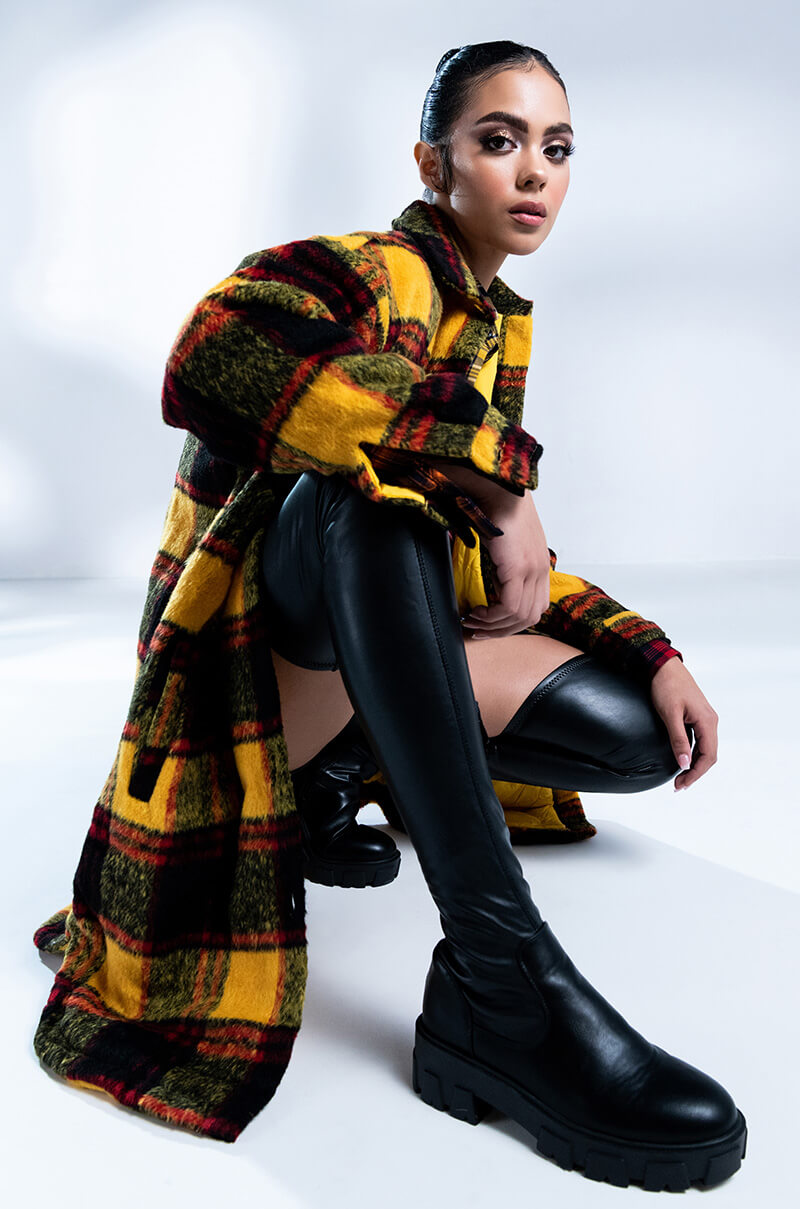 FUZZY PLAID LONG SHACKET WITH QUILTED LINING