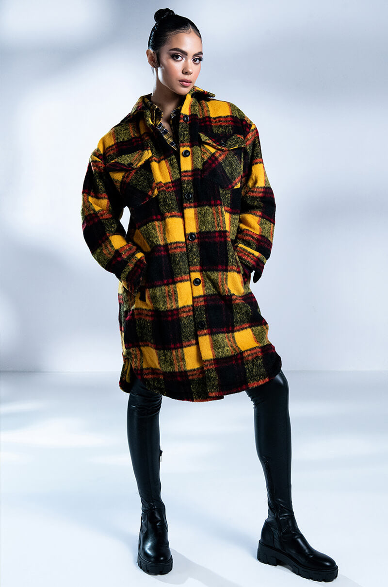 FUZZY PLAID LONG SHACKET WITH QUILTED LINING