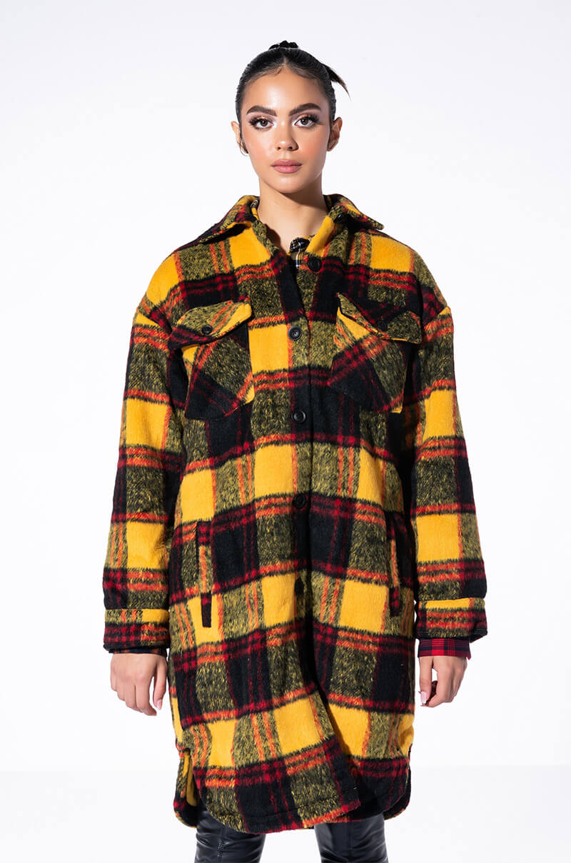FUZZY PLAID LONG SHACKET WITH QUILTED LINING