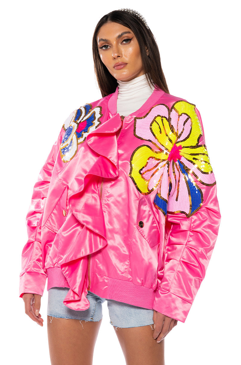 TENTENDO NYLON BOMBER WITH SEQUIN FLOWERS