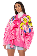 TENTENDO NYLON BOMBER WITH SEQUIN FLOWERS