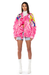 TENTENDO NYLON BOMBER WITH SEQUIN FLOWERS