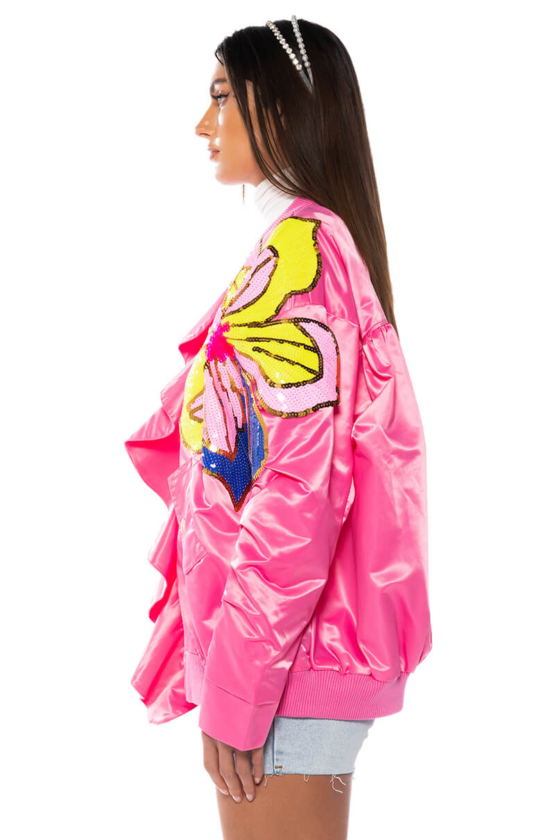 TENTENDO NYLON BOMBER WITH SEQUIN FLOWERS