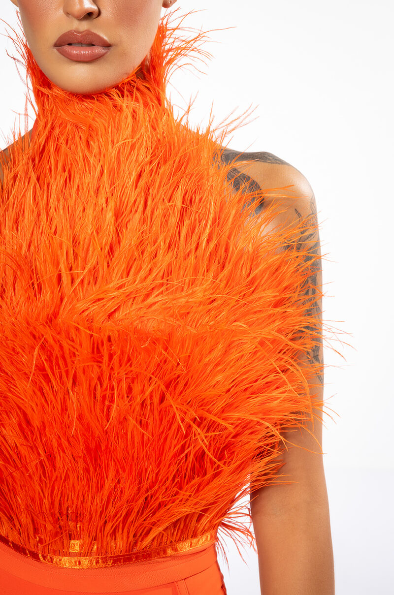 GENUINE OSTRICH FEATHER SLEEVELESS CROPPED HALTER BLOUSE