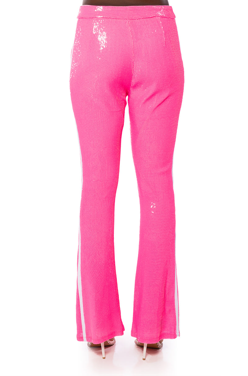 GET DOWN ON IT SEQUIN FLARE TROUSER IN PINK