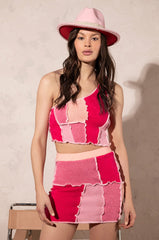 GIRL NEXT DOOR CROPPED ONE SHOULDER PATCHWORK TANK