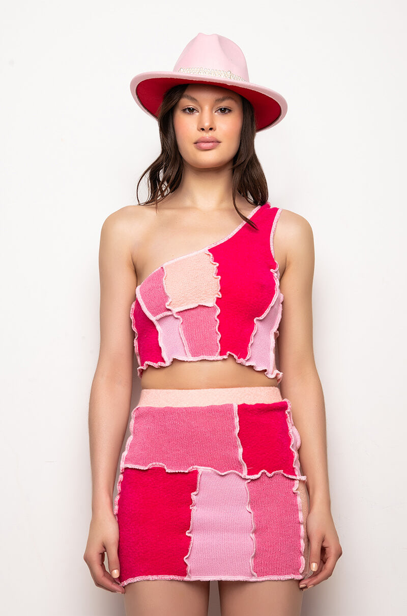 GIRL NEXT DOOR CROPPED ONE SHOULDER PATCHWORK TANK