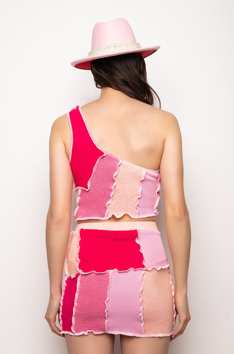 GIRL NEXT DOOR CROPPED ONE SHOULDER PATCHWORK TANK