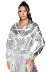 GIVE YOU THE WORLD METALLIC REFLECTIVE BOMBER JACKET