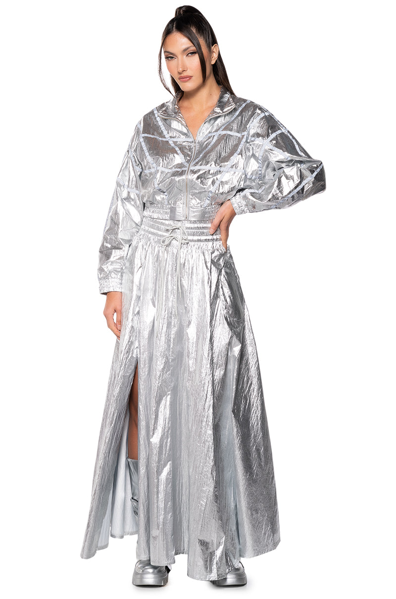 GIVE YOU THE WORLD METALLIC REFLECTIVE BOMBER JACKET