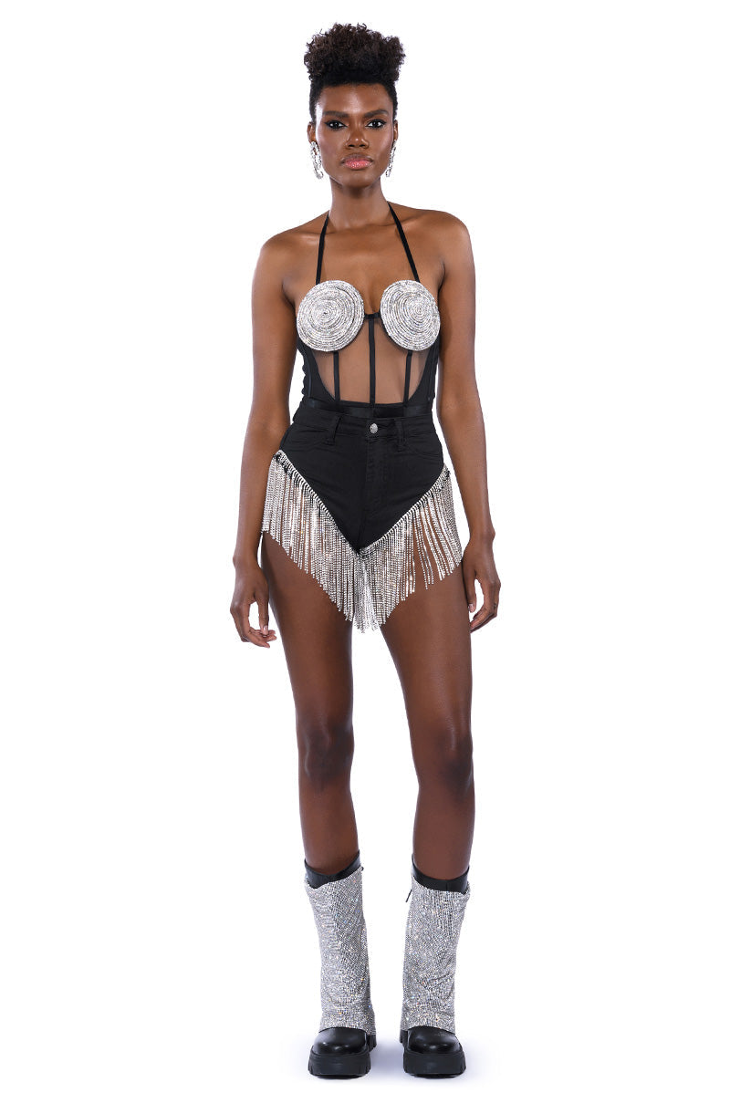 GLITCH IN THE MATRIX RHINESTONE MESH HALTER BODYSUIT