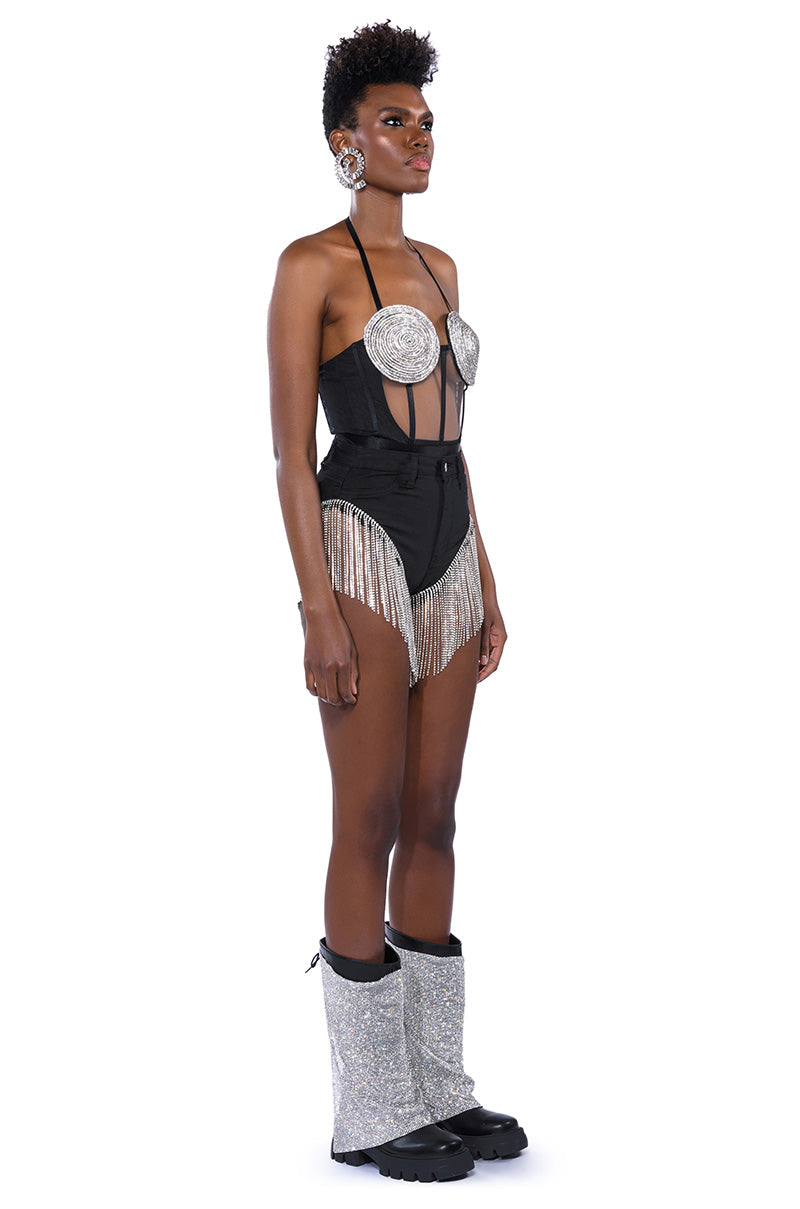 GLITCH IN THE MATRIX RHINESTONE MESH HALTER BODYSUIT