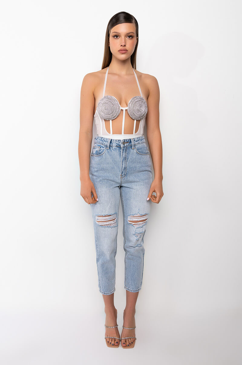 GLITCH IN THE MATRIX RHINESTONE MESH HALTER BODYSUIT