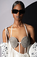 GLITCH IN THE MATRIX RHINESTONE MESH HALTER BODYSUIT