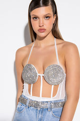 GLITCH IN THE MATRIX RHINESTONE MESH HALTER BODYSUIT