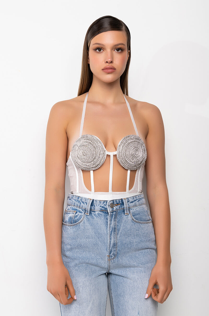 GLITCH IN THE MATRIX RHINESTONE MESH HALTER BODYSUIT
