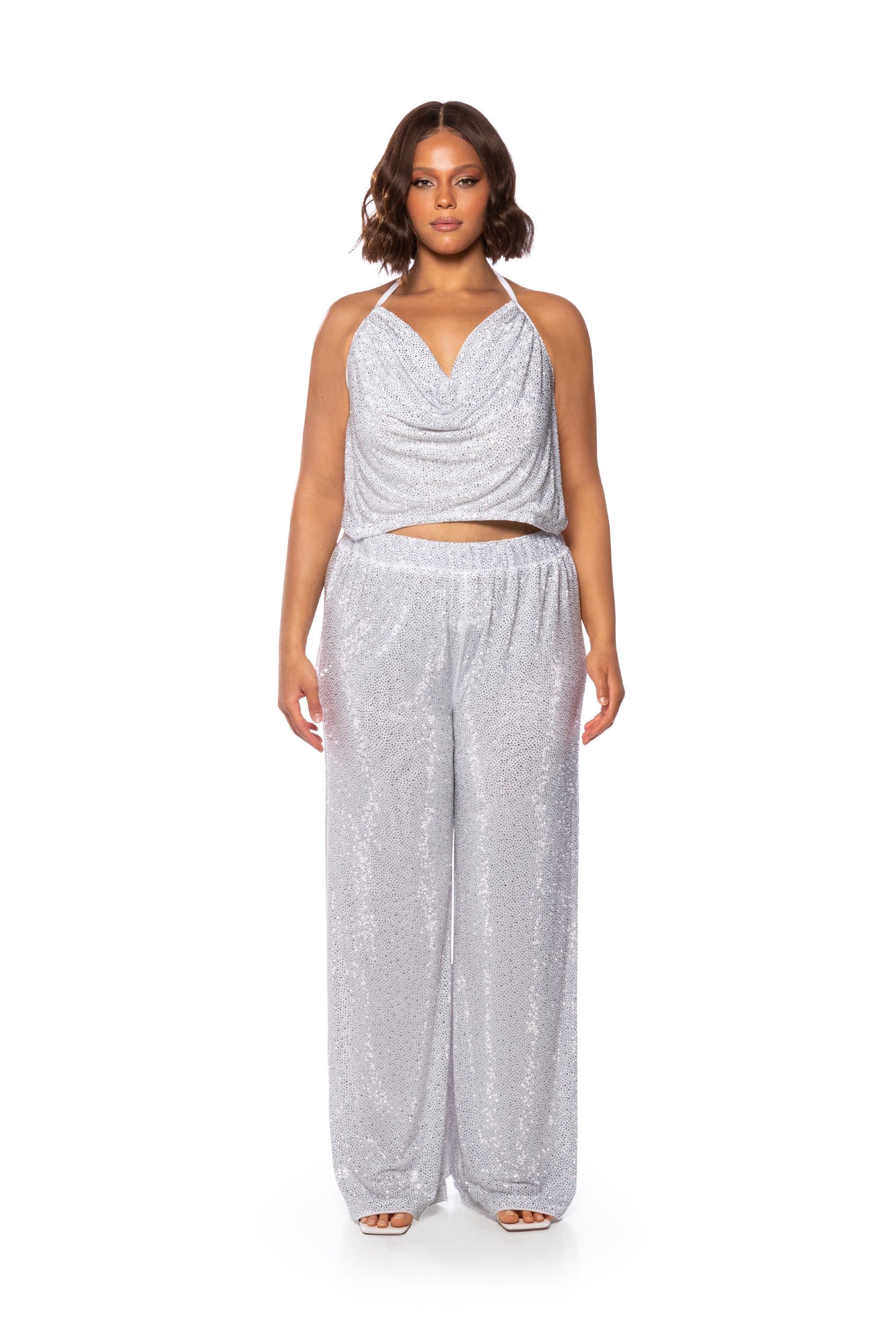GLITZY RHINESTONE MESH PALAZZO PANT